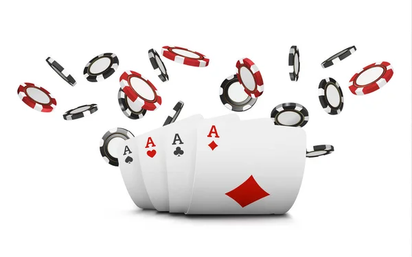 Jogando cartas e fichas de poker voar cassino. Conceito sobre fundo branco. Poker casino vetor ilustração. Chip realista vermelho e preto no ar. Conceito de jogo, ícone de aplicativo móvel de poker —  Vetores de Stock