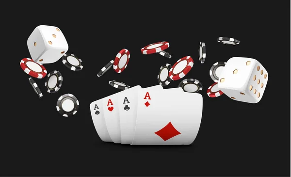 Bermain kartu dan chip poker terbang kasino. Konsep pada latar belakang hitam. Ilustrasi vektor kasino Poker. Merah dan hitam chip realistis di udara. Konsep perjudian, ikon aplikasi mobile poker - Stok Vektor