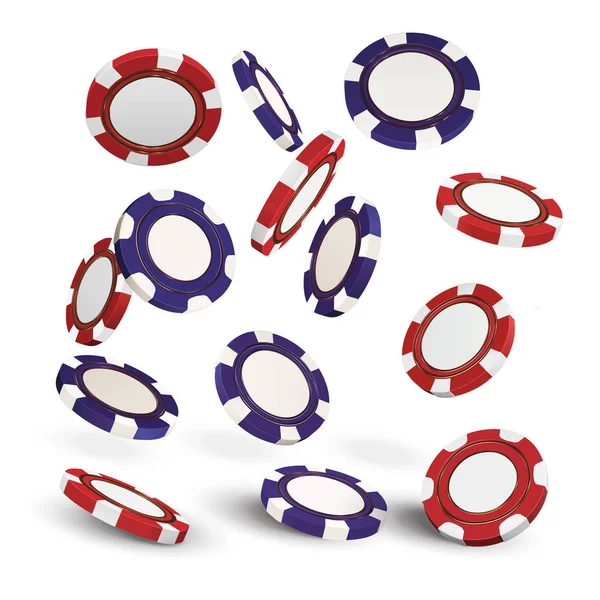 Fichas de poker Casino vermelho e azul isolado em objetos 3d vetor realista branco. Banner de casino online. Chip realista vermelho e azul no ar. Conceito de jogo, ícone de aplicativo móvel de poker — Vetor de Stock