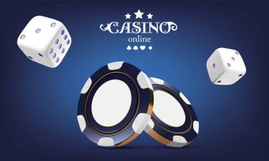 Casino poker fişleri ve zar. Casino oyun 3d fişi. Online casino banner. Mavi gerçekçi çip. Kumar kavramı, poker mobil app simgesi. havada düşen zar
