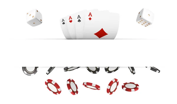 Casino fichas rojas y negras y tarjetas aisladas en blanco realista vector 3d objetos. Banner de casino en línea con lugar para el texto. Póquer realista fichas dados y cartas en el aire. Concepto de juego — Vector de stock