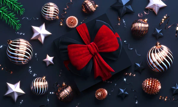 Mutlu yıllar posteri. Büyük hediye kutusuyla Noel arkaplanı. Noel ağacı topları, dallar ve hediye süslemeleri. Mutlu noeller. 3d oluşturma.