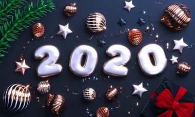 Mutlu yıllar 2020 posteri. Büyük 2020 numaraları olan bir Noel arkaplanı. Noel ağacı topları, dallar ve hediye süslemeleri. Mutlu noeller. 3d oluşturma.