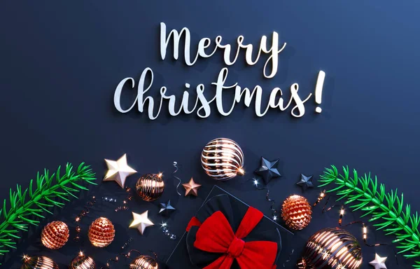 Mutlu Noeller. Noel ağacı topları, dallar ve hediye süslemeleri. Hediye kutulu mutlu noel afişleri. 3d oluşturma.