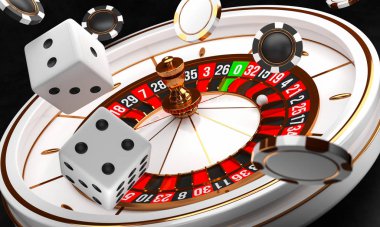 Kumarhane arka planı. Siyah arka plan üzerinde Lüks Casino rulet tekerlek. Casino teması. Bir top, cips ve zar ile yakın çekim beyaz casino rulet. Poker oyun masası. 3d render illüstrasyon.