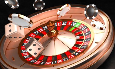 Kumarhane arka planı. Siyah arka plan üzerinde Lüks Casino rulet tekerlek. Casino teması. Bir top, cips ve zar ile yakın çekim beyaz casino rulet. Poker oyun masası. 3d render illüstrasyon.
