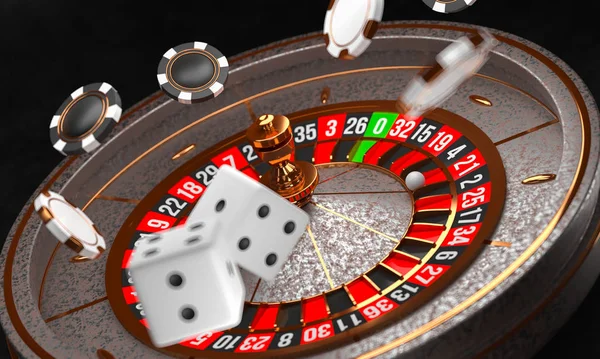 Fundo do casino. Roda de roleta de casino de luxo sobre fundo preto. Tema do casino. Roleta de casino branco close-up com uma bola, fichas e dados. Mesa de jogo de poker. ilustração de renderização 3d . — Fotografia de Stock