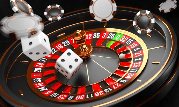 Sfondo del casinò. Ruota roulette Luxury Casino su sfondo nero. Tema Casino. Primo piano roulette casinò bianco con una palla, patatine e dadi. Tavolo da gioco del poker. Illustrazione rendering 3d . — Foto Stock