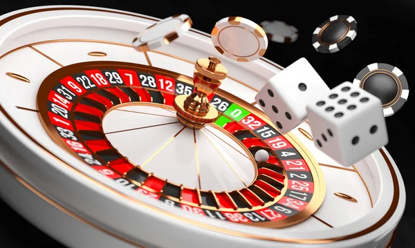 Fondo del casino. Lujo Casino ruleta rueda sobre fondo negro. Tema Casino. Primer plano de la ruleta de casino blanco con una pelota, fichas y dados. Mesa de juego de poker. Ilustración de representación 3d . — Foto de Stock