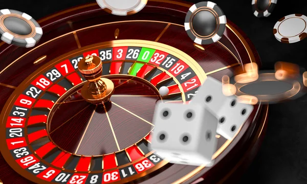 Casino achtergrond. Luxe casino roulettewiel op zwarte achtergrond. Casino thema. Close-up wit Casino Roulette met een bal, chips en dobbelstenen. Poker spel tafel. illustratie 3D-rendering. — Stockfoto