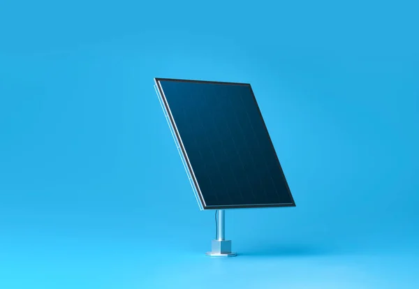 Solarmodul auf blauem Hintergrund. Photovoltaik-Zellen von Solarzellen, die saubere Energie erzeugen. 3D-Darstellung. — Stockfoto