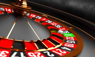 Siyah arka planda lüks kumarhane ruleti. Kumarhane teması. Yakın plan beyaz kumarhane ruleti ve sıfır puan. Poker masası. 3d resimleme.