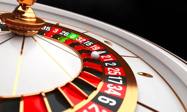 Luxury Casino roulette wheel. Casino background theme. Close-up white casino roulette with a ball on 21. Poker game table. 3d rendering illustration.