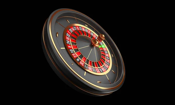 Luxury Casino roulette wheel isolated on black background. Casino background theme. Close-up black casino roulette. Poker game table. 3d rendering illustration.