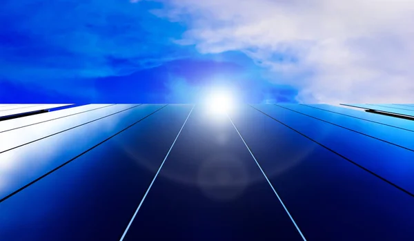 Sonnenkollektoren auf blauem Himmel Hintergrund. Photovoltaikzellen aus Solarzellen, die saubere Energie aus der Sonne erzeugen. Hintergrund sind erneuerbare Energien. 3D-Darstellung. — Stockfoto