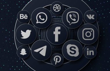 New York, Usa - 01 Ocak 2020: Facebook, Twitter, Pinterest, Instagram, Linkedin, Whatsapp, Telegram, Behance, Snapchat, Skype, Vk, dribbble
