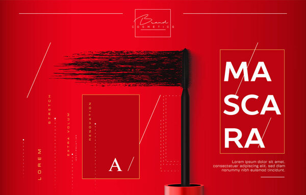 Mascara make-up flyer, booklet or brochure background. Brush and mascara tube. Red tube on red background. Fashionable cosmetics Make up design for Eyes
