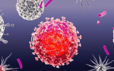 Close-up of virus cells or bacteria. Flu, view of a virus under a microscope, infectious disease. Germs, bacteria, cell infected organism. Virus H1N1, Swine Flu, Corona virus. 3d Rendering. clipart