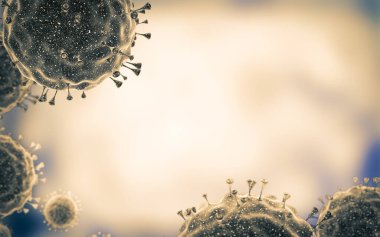 Virüs hücrelerine ya da bakterilere yakın çekim. Grip, mikroskop altında bir virüse bakmak, bulaşıcı bir hastalık. Mikroplar, bakteriler, hücre enfekte olmuş organizmalar. Virüs H1n1, Domuz Gribi, Corona virüsü. 3d Hazırlama.