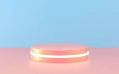 Yuvarlak podyum, kaide ya da platform, spot ışıklarıyla aydınlatılmış. Vektör çizimi. Parlak podyum. Reklam yeri. Ürün sunumu için boş ürün stand arkaplanı