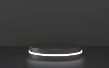 Yuvarlak podyum, kaide ya da platform, spot ışıklarıyla aydınlatılmış. Vektör çizimi. Parlak podyum. Reklam yeri. Ürün sunumu için boş ürün stand arkaplanı.
