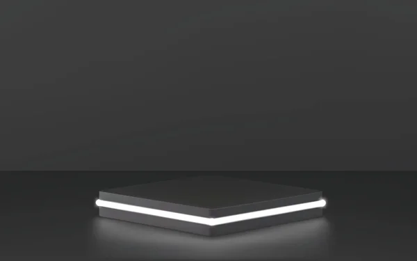 Kare podyum, kaide ya da platform, spot ışıklarıyla aydınlatılmış. Vektör çizimi. Parlak podyum. Reklam yeri. Ürün sunumu için boş ürün stand arkaplanı