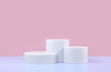 Yuvarlak podyum, kaide ya da platform ürün sunumu için kozmetik arka plan. 3 boyutlu illüstrasyon. Parlak podyum. Reklam yeri. Boş ürün stand arkaplanı pembe mavi renkte
