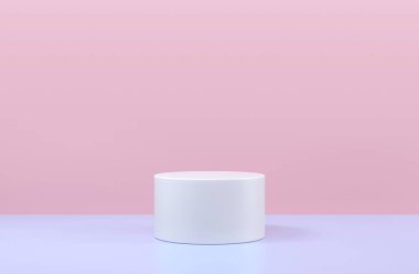 Yuvarlak podyum, kaide ya da platform ürün sunumu için kozmetik arka plan. 3 boyutlu illüstrasyon. Parlak podyum. Reklam yeri. Boş ürün stand arkaplanı pembe mavi renkte