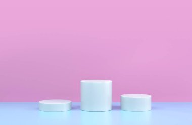 Yuvarlak podyum, kaide ya da platform ürün sunumu için kozmetik arka plan. 3 boyutlu illüstrasyon. Parlak podyum. Reklam yeri. Boş ürün stand arkaplanı pembe mavi renkte