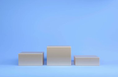 Kare podyum, kaide ya da platform, ürün sunumu için kozmetik arka plan. 3 boyutlu illüstrasyon. Parlak podyum. Reklam yeri. Boş ürün arkaplanı pastel mavi renkte.