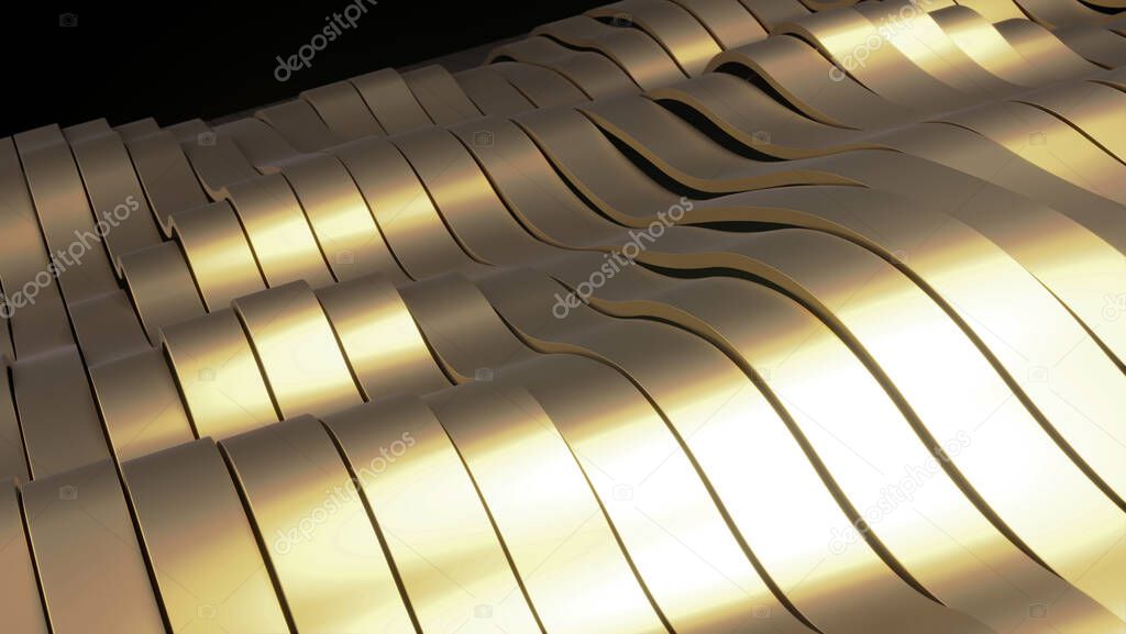 Golden abstract metal background. Futuristic 3d render illustration. Gold metal design. Steel texture. Yellow background. Shinny metal