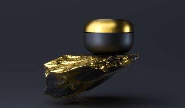 Krema, tereyağı, fırça, jöle, pudra, balmumu için siyah ve altın rengi krem kutusu paketi. Gerçekçi ambalaj kozmetik şablonu siyah arka planda. 3d renderin