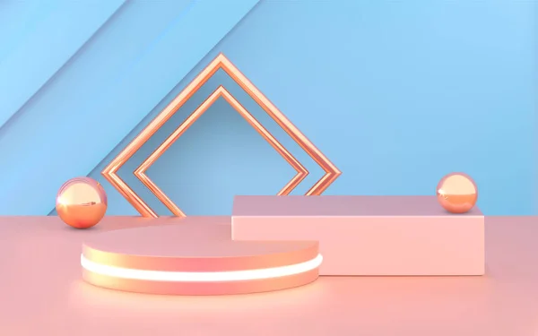 Podyum, kaide veya platform, ürün sunumu için kozmetik arka plan. 3d vektör illüstrasyonu. Parlak podyum. Reklam yeri. Boş ürün, pastel mavi renklerde ayakta duruyor