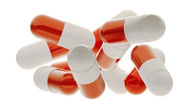 İlaç kapsülleri ikon tıbbi illüstrasyon. 3D haplar beyaza izole edilmiş. Eczane kapsül simgesini açtı. Granüllü tıbbi kapsül. Virüs için tedavi. Düşen haplar ya da vitaminler