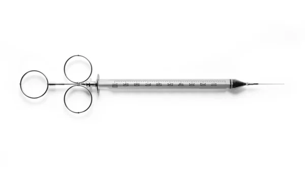 Syringe with hypodermic needle isolated on white background. Vintage Euro Syringe. 3d Rendering. — Zdjęcie stockowe