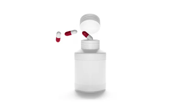 Таблетки знущаються над пляшкою. Джар з ліками. Порожня пляшка пластикової упаковки з відкритою кришкою та аптечною капсулою таблетки ізольовані на білому тлі. Біла упаковка для медикаментів або вітамінів. 3D рендерингу . — стокове фото