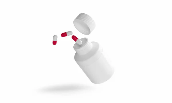 Tomma plastförpackningar Öppen flaska med lock för piller Isolerad på vit bakgrund. Bio kosttillskott eller vitaminer. Realistisk plastflaska. Förlöjliga mallen. Medicin, tabletter, piller. 3D-återgivning — Stockfoto