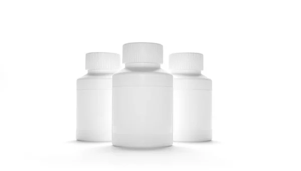 Blanco plastic verpakking fles met dop voor pillen geïsoleerd op witte achtergrond. Bio Supplementen of Vitaminen. Een realistische plastic fles. Mock Up Sjabloon. Medicijnen, tabletten, pillen. 3D-weergave — Stockfoto