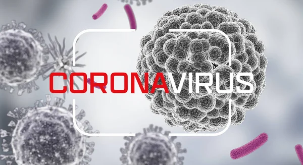 Coronavirus. Primer plano de las células víricas o molécula bacteriana. Gripe, vista de un virus bajo un microscopio, enfermedad infecciosa. Gérmenes, bacterias, organismos infectados por células. Virus H1N1, Gripe porcina, renderizado 3d . — Foto de Stock