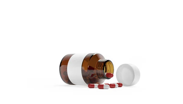 Blank Plastic Packaging Open Bottle with Cap for Pills Isolated on White Background. Bio Supplements or Vitamins. Realistic Plastic Bottle. Mock Up Template. Medicine, Tablets, Pills. 3D Rendering — Stock Photo, Image