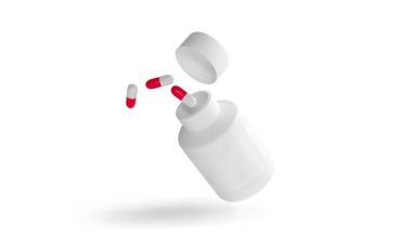 Beyaz arka planda izole edilmiş haplar için kapağı olan boş plastik ilaç ambalajı. Biyolojik destek ya da vitamin. Gerçekçi Plastik Şişe. Şablonu Uygula. Eczane, tablet, hap.