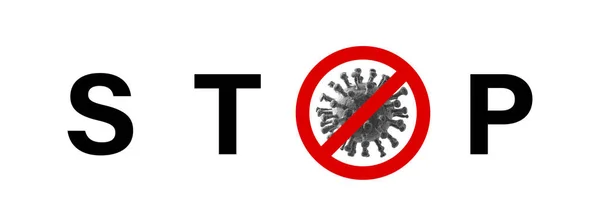 Arrêtez le coronavirus. Gros plan sur les cellules coronavirus ou la molécule bactérienne. Grippe, vue d'un virus et panneau stop. Maladies infectieuses. Bactéries, organisme infecté par des cellules. Virus Covid-19. Rendu 3D . — Photo