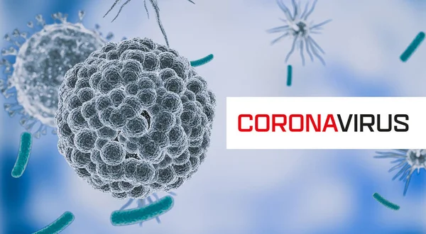 Virus Corona. Sel virus Covid-19 atau molekul bakteri. Flu, melihat virus di bawah mikroskop, penyakit menular. Kuman, bakteri, organisme yang terinfeksi sel. Virus H1N1, Flu Babi. Perender 3d . — Stok Foto