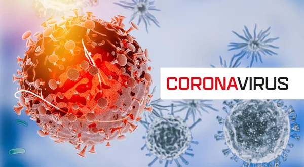 Virus Corona. Células del virus Covid-19 o molécula bacteriana. Gripe, vista de un virus bajo un microscopio, enfermedad infecciosa. Gérmenes, bacterias, organismos infectados por células. Virus H1N1, gripe porcina. Renderizado 3d . — Foto de Stock