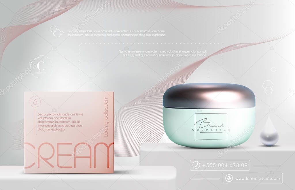 Vector 3D elegant cosmetic products background premium cream jar for skin care products. Luxury facial cream. Cosmetic ads flyer or banner design. Blue cosmetic cream template. Makeup products brand.