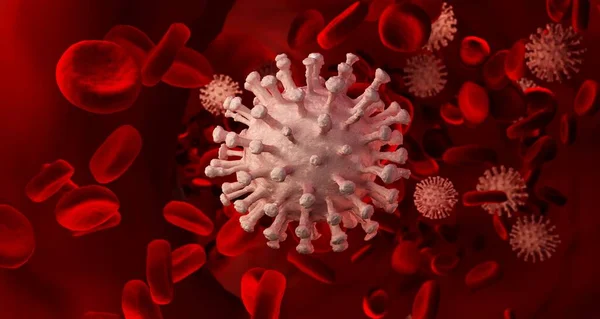 Coronavirus 2019-nCov romanzo coronavirus e cellule del sangue. Concetto pandemico di influenza coronavirica come influenza pericolosa. Molecola del virus del microscopio da vicino. rendering 3d . — Foto Stock