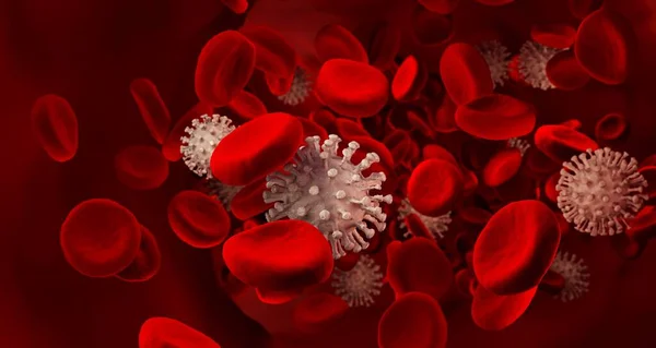 Coronavirus 2019-nCov romanzo coronavirus e cellule del sangue. Concetto pandemico di influenza coronavirica come influenza pericolosa. Molecola del virus del microscopio da vicino. rendering 3d . — Foto Stock