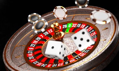 Kumarhane geçmişi. Siyah arka planda lüks kumarhane ruleti. Çevrimiçi kumarhane teması. Top, fiş ve zarla yakın plan beyaz kumarhane ruleti. Poker masası. 3d resimleme