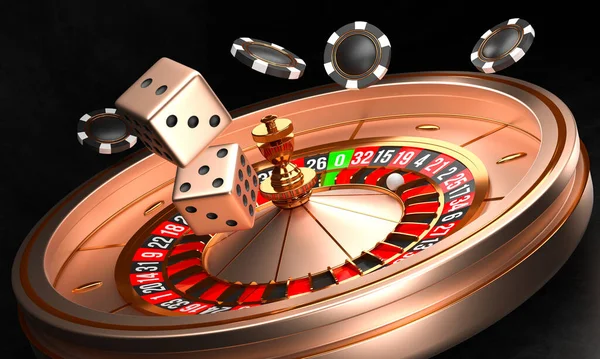 カジノの背景 ブラックを背景にした高級カジノルーレットホイール オンラインカジノのテーマ ボール チップ ダイス付きのクローズアップホワイトカジノルーレット ポーカーゲームテーブル 3Dレンダリング図 — ストック写真