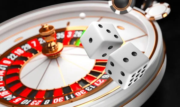 Casino background. Luxury Casino roulette wheel on black background. Online casino theme. Close-up white casino roulette with a ball, chips and dice. Poker game table. 3d rendering illustration